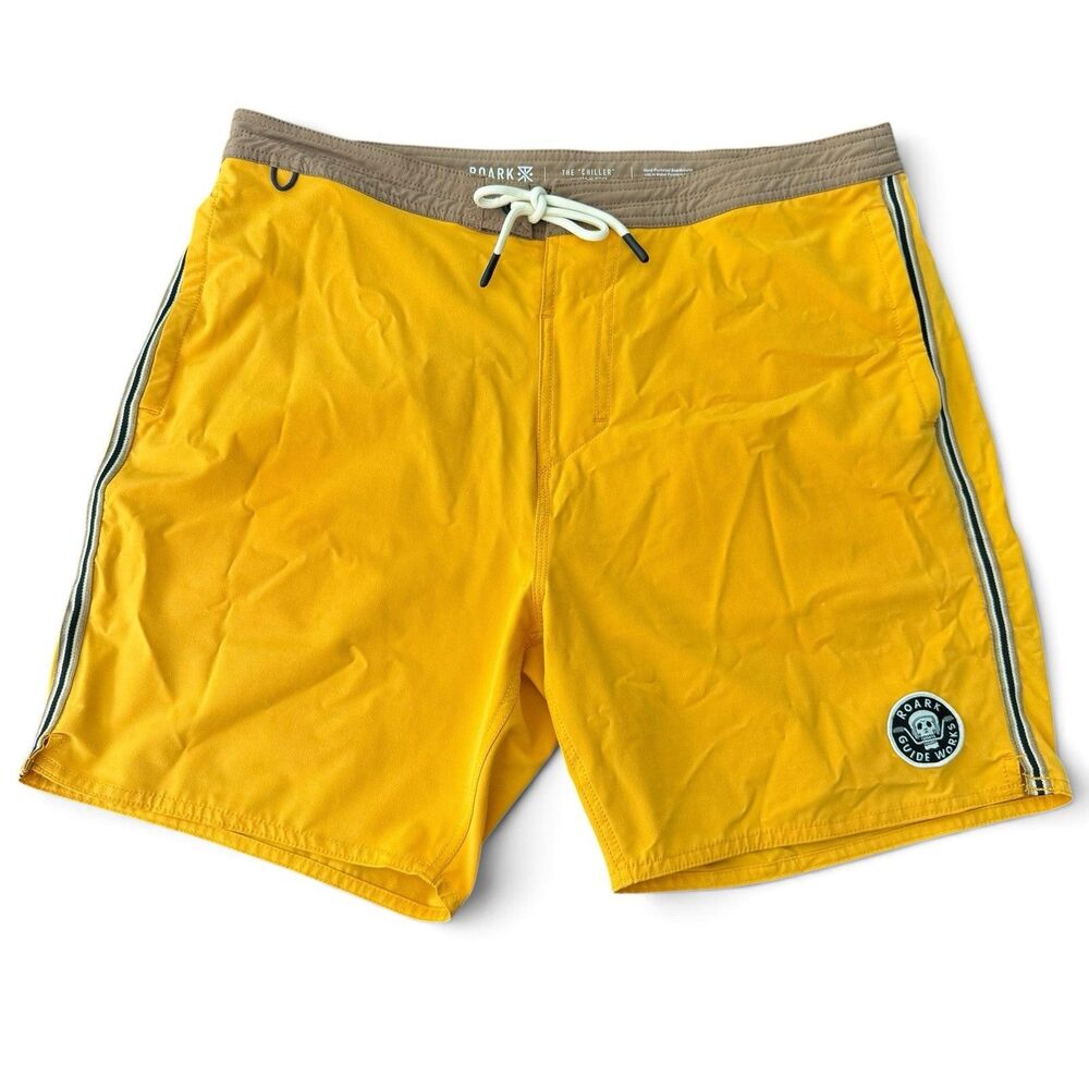 ROARK The Chiller Board Shorts Men 33 Yellow Skull Logo Hemp Swim Trunks